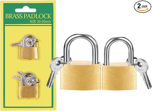 2 Pcs Small Solid Brass Locks with Keys, 20mm + 25mm Mini Key Locks, for Luggage, Backpack, Gym Locker, Jewelry Box (20-25mm)