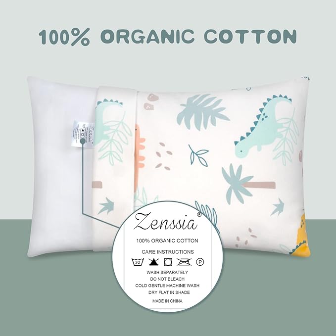 Zenssia Organic Cotton Toddler Pillowcases Pack of 2, 13x18 Inches Travel Pillowcase with Envelope Closure, Soft & Breathable Baby Pillow Case Cover, Dinosaur