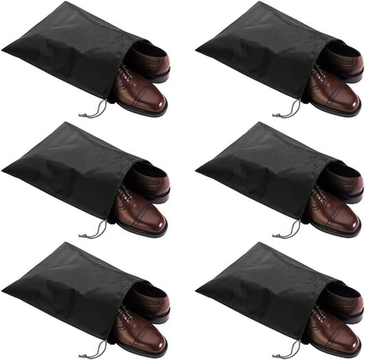 6 Pack Waterproof Nylon Shoe Bags Travel Bags for Men Women (Black, 15.1"(L) x12.2"(W))