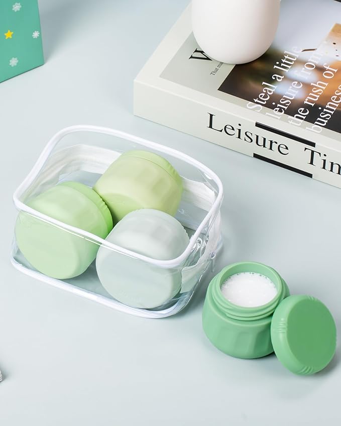 Mrsdry Travel Containers for Toiletries, TSA Approved Travel Size Toiletries 4 Pack, Refillable Containers, With Clear Bag, Leak Proof Silicone Jars, Essentials Creams Jars Carrying Small Items