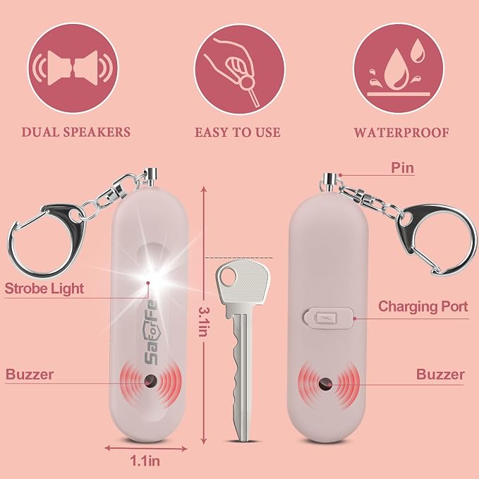 Personal Safety Alarm - Waterproof Rechargeable Security Alarm - 140dB Extra Loud Siren & Strobe Light - Self Defense Keychain - Gift for Women, Teenagers, College Girls, Seniors (Pink)
