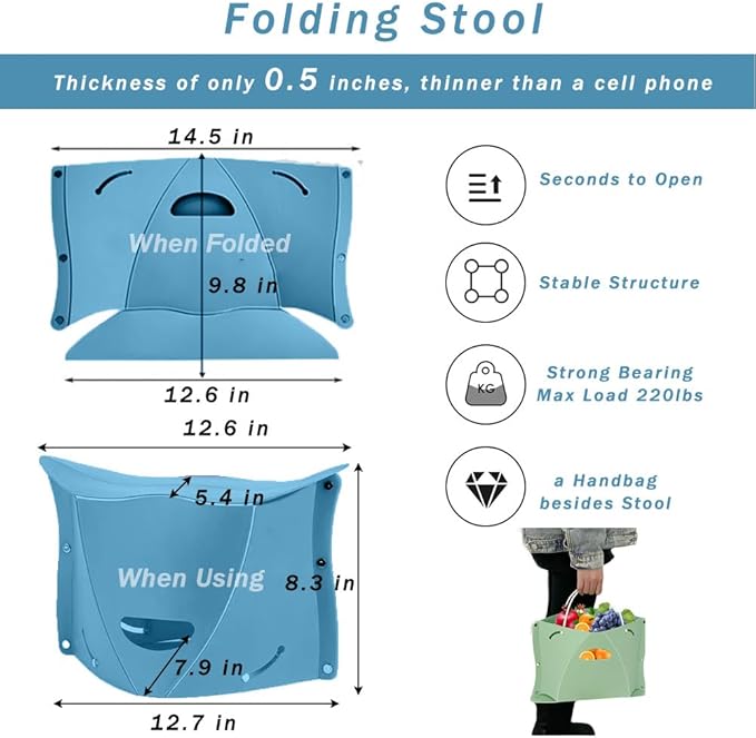 Folding Portable Outdoor Stool, Thickness of 0.5 in, Quick Opens for Camping Hiking Picnic Fishing Subway, Lightweight Foldable Travel Potty Stool, Footrest for Air Travel Green