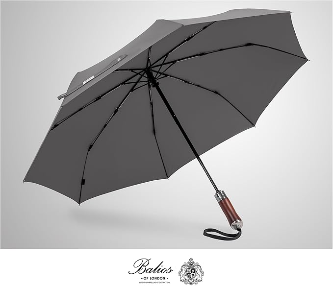 Balios (Designed in UK) Travel Umbrella Luxurious Golden Hardwood Handle Auto Open & Close Windproof Frame Single Canopy Automatic Folding Umbrella Men's & Ladies