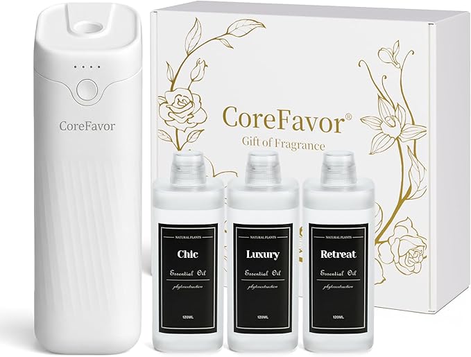 Waterless Essential Oil Diffuser (M60) with 3x120ml Oil, Portable Battery-Operated Cold Air Aroma Scent Machine, 4 Adjustable Intensity Levels, Quiet Diffuser for Bedroom Office Bathroom Car