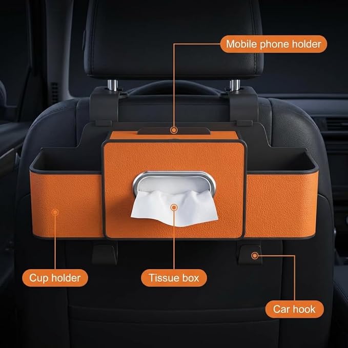 3-in-1 Backseat Car Organizer with Dual Cup Holders,Tissue Box & Phone Holder, 2026 Upgraded Car Seat Back Storage Box,Multifunctional Waterproof Storage for Daily Driving & Travel,Orange