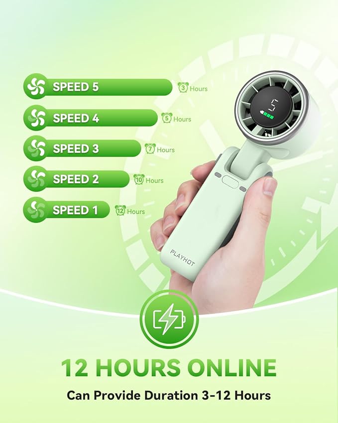 PlayHot Portable Handheld Turbo Fan, 5-Speed Personal Fan, USB-C Rechargeable Fan Up to 12 Hours, 3 IN 1 Hand Fan with Air Turbo Tech Cooling, Travel Fan for Cruise, Beach, Gifts for Women (Green)