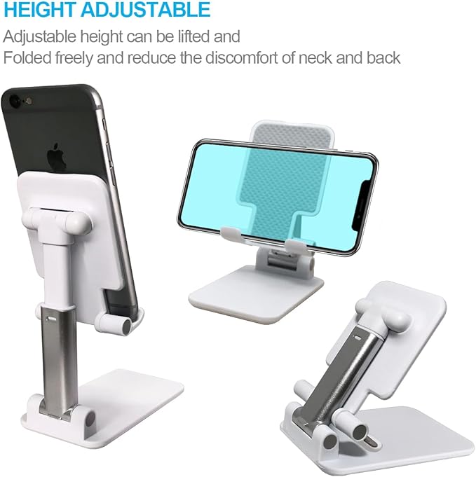 POQOD Foldable Cell Phone Stand for Desk, Fully Adjustable Phone Holder for Desk Compatible with iPhone 16 15 14 13 12 11, Nintendo Switch, All Phones, (White)