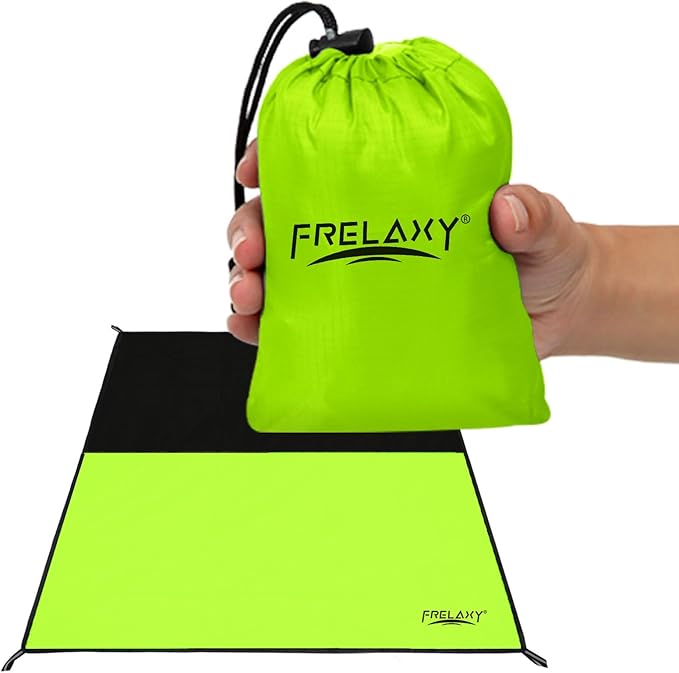 Frelaxy Pocket Picnic Blanket, Waterproof Sandproof Beach Mat, Compact Camping Tarp for Festivals, Hiking, Travel, Outdoor Recreation (Neon Green & Black, 57'' x 71'')