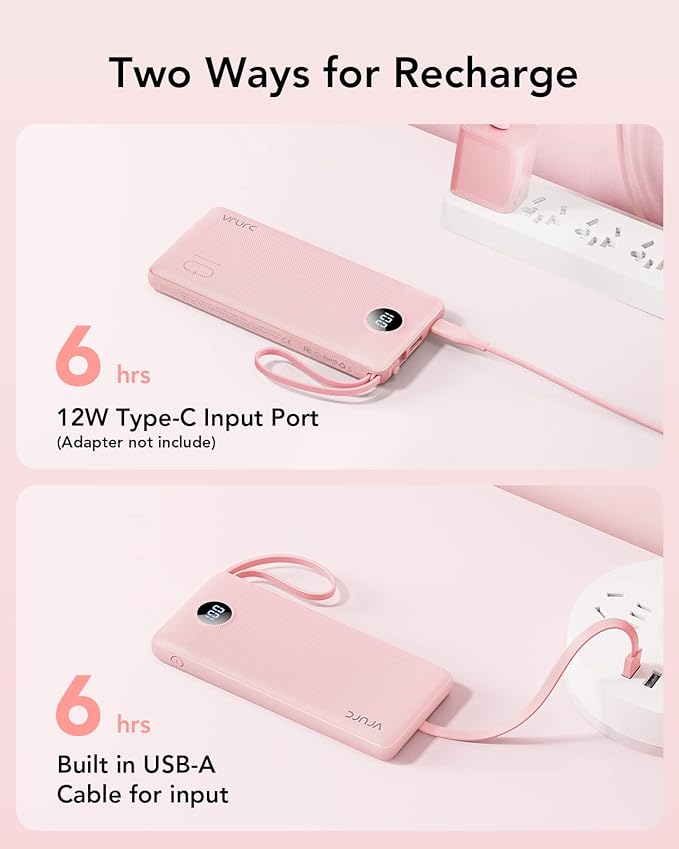 VRURC Portable Charger Power Bank, Built-in 4 Cables & 2 Ports,10000mAh Slim Battery Pack with LED Display, Travel Essential USB C Portable Phone Charger for iPhone 17 16 15, Samsung-Pink(1 Pack)