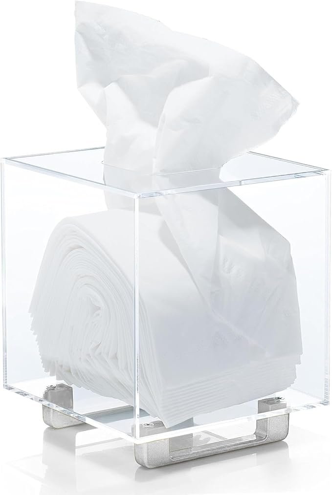 YoBa Thick Acrylic Tissue Box Holder Rectangular Tissue Box Dispenser with Gold Plated Aluminum Legs for Bathroom, Kitchen, Bedroom, Office and Restaurant (Square, Clear (Silver Legs))