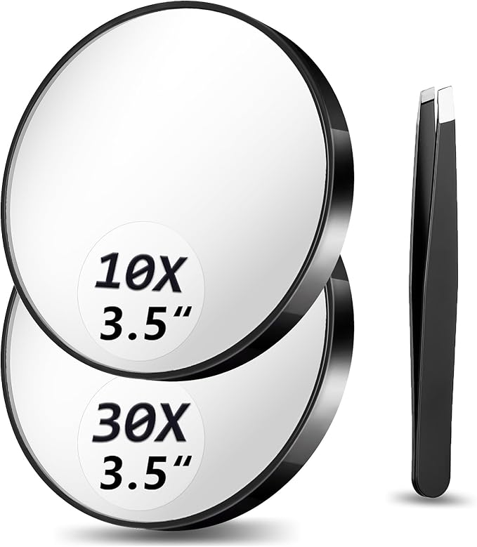 Magnifying Mirror 10X&30X Set, Magnified Mirrors 3.5" with Two Suction Cups and Tweezers, Travel Magnifyied Mirror Set Comes with Storage Bag, Compact Small Magnifying Mirrors for Travel(Black)