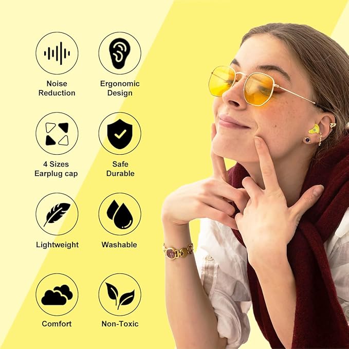 Ear Plugs for Sleeping Earplugs for Concerts Noise Cancelling Reusable Soft Silicone Noise Reduction Earbuds for Travel, Focus, Work 33-45dB Hearing Protection with 9 Ear Tips & Case (Yellow)