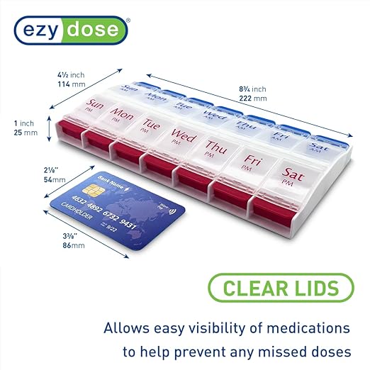 EZY DOSE Push Button (7-Day) Pill Case, Medicine Planner, Daily Vitamin Organizer, 2 Times a Day AM/PM, Large Compartments, Arthritis Friendly, Easy to Use, Clear Lids, Red/Blue, BPA Free