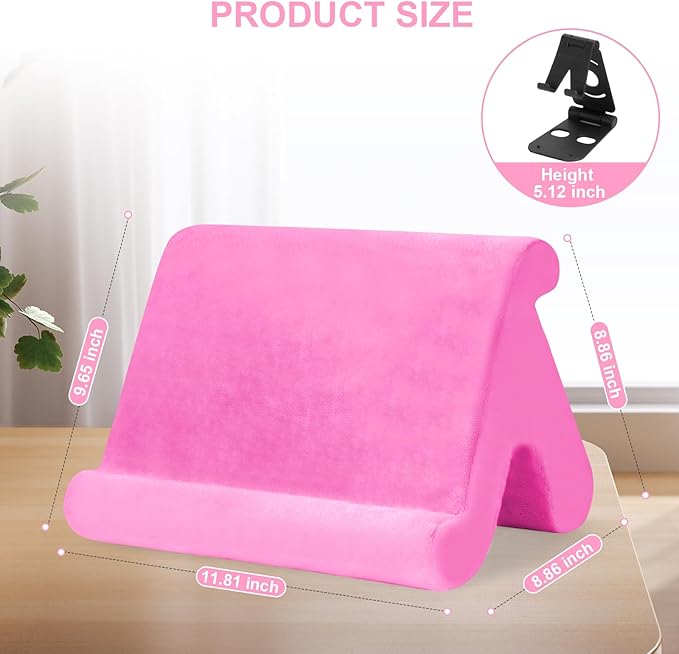 Universal Multi-Angle Tablet Stand Holder-Soft Pad Stand with black phone holder for Lap,Knee,Sofa and Bed,Compatible with iPad Pro 9.7,10.5,12.9 Air Mini 4 3,Kindle,Galaxy Tab,E-Reader (Pink)