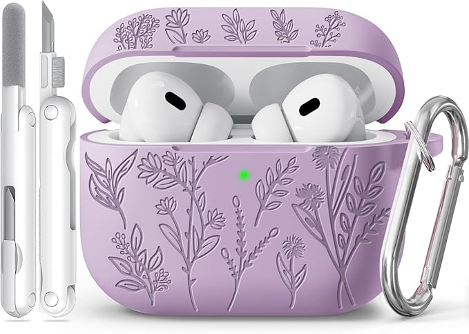 for AirPods Pro 2 Case, Ekoonpft Silicone AirPod Pro Cases with 3-in-1 Cleaning Kit & Keychain, Flower Engraved Cover for Apple AirPods Pro 2nd/1st Generation, Shockproof & Anti-Scratch