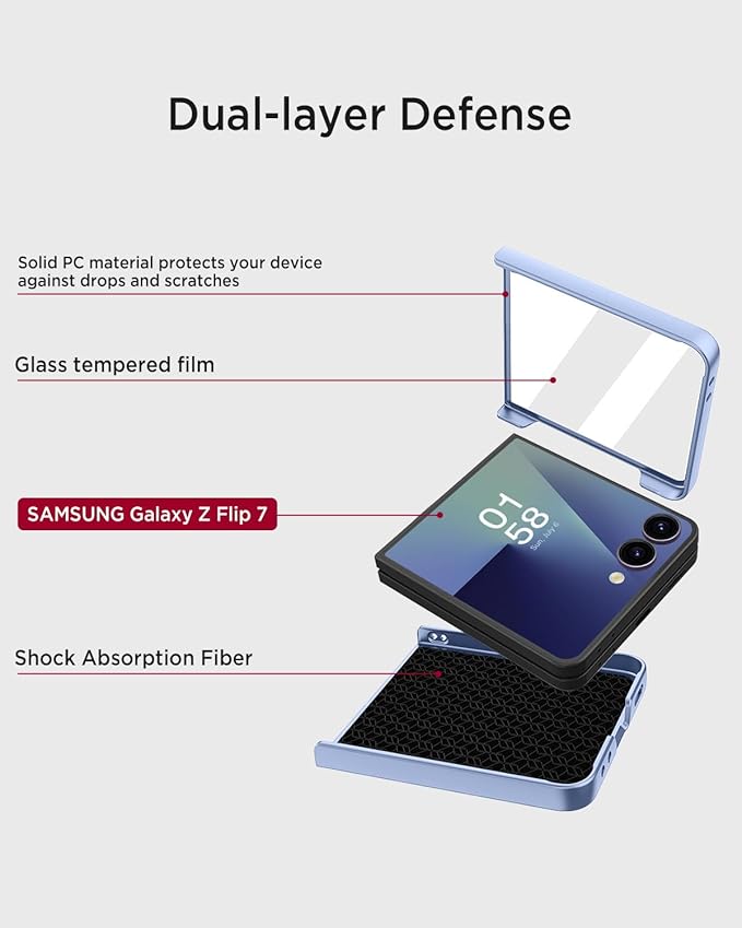 Miimall Slim Case for Flip 7 Samsung with Screen Protector,Thin Slim Shockproof Drop-Proof Anti-Scratches Nonslip Grip Full Body Matte Polycarbonate Protective Phone Cover for Samsung Z Flip 7,Liblue