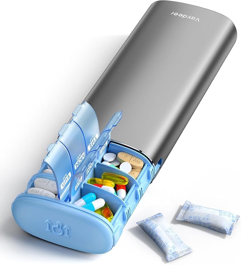 Vaydeer Metal 7 Day Pill Organizer 2 Times a Day – AM PM Weekly Travel Pill Case with Moisture-Proof Desiccant, Airtight Large Capacity Pill Box for Vitamins, Medications & Supplements (Gray)