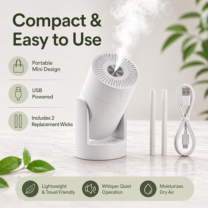 Portable Mini Humidifier, 2 Mist Modes, 220ml Cool Mist Rotation Humidifiers, USB Personal Desktop Humidifier for Bedroom, Office, Travel, Car, Colorful, Quiet Operation, White