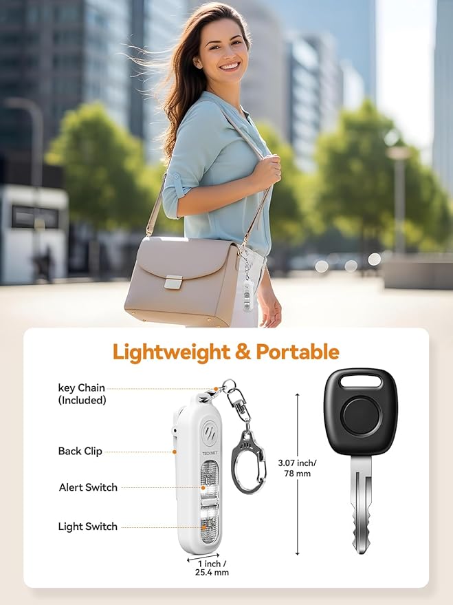 TECKNET Personal Safety Alarm 135dB with SOS Strobe Light for Women - Rechargeable& IPX4 Waterproof Running Lights with Clip On Torch & Low Battery Notice, Safety Siren for Running, Travel Kids, Wihte