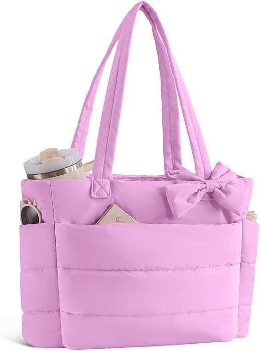 Puffer Tote Bag for Women, Quilted Bow Tote Bag with Cup Holder & 15.6 In Laptop Compartment for Work, Travel, Gym, College