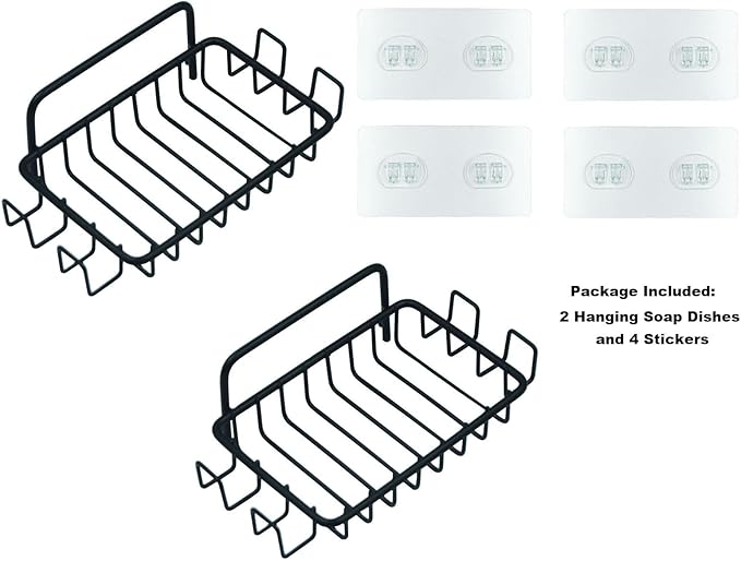 2 Pack Soap Dish for Shower Wall, Stainless Steel Soap Holder with 4 Hocks for Bathroom (Black)