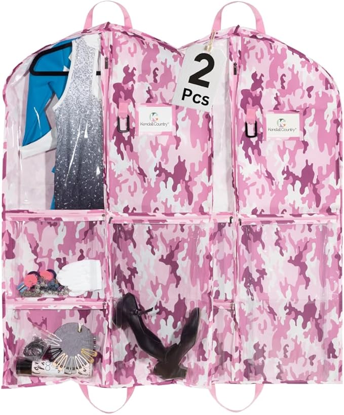 Waterproof Hanging Garment Bag 40 inch Clothes Bag with Gusset, 2 Pack, 5 Pockets & Side Zip for Dance Costumes, Cheer, Skating, Theatre, Beauty Pageants & More by Kendall Country, Camo Pink