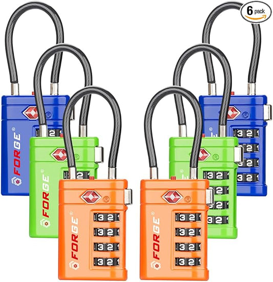 Forge TSA Approved Luggage Locks 4 Digit Combination TSA Travel Locks with TSA008, Open Alert Indicator, Zinc Alloy Body for Luggage, Suitcase, Backpack, and More. 3 Color 6 Locks.