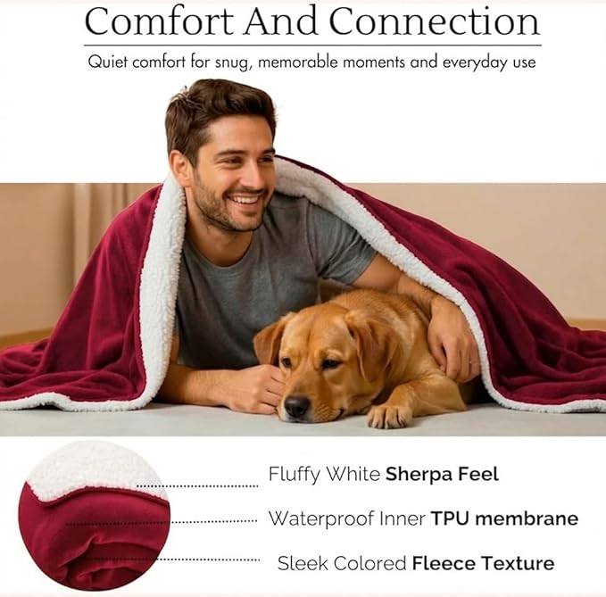 Waterproof Blanket for Bed Intimacy (90"x 80" King Size) Reversible Fleece | Sherpa, Love Blanket, Water Proof TPU Stain Proof Couch Furniture Mattress Winter Large Dog Bed Cover - Burgundy