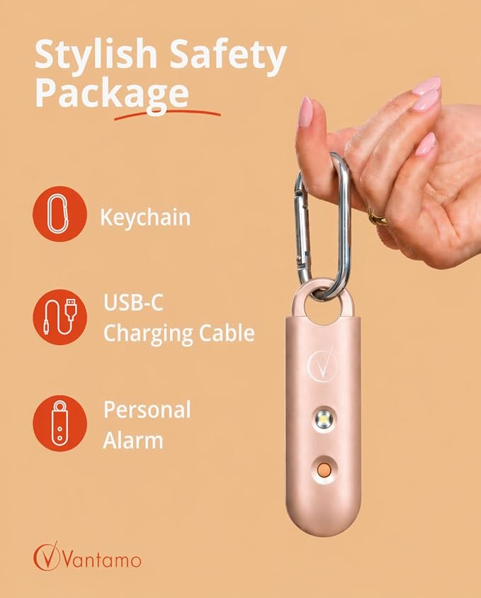 Vantamo Personal Alarm for Self Defense with Low Battery Notice, Strobe Light & Extra Loud 130 dB Double Speakers Safety Keychain Set for Women, Rechargeable Panic Button for Womens Self Defense