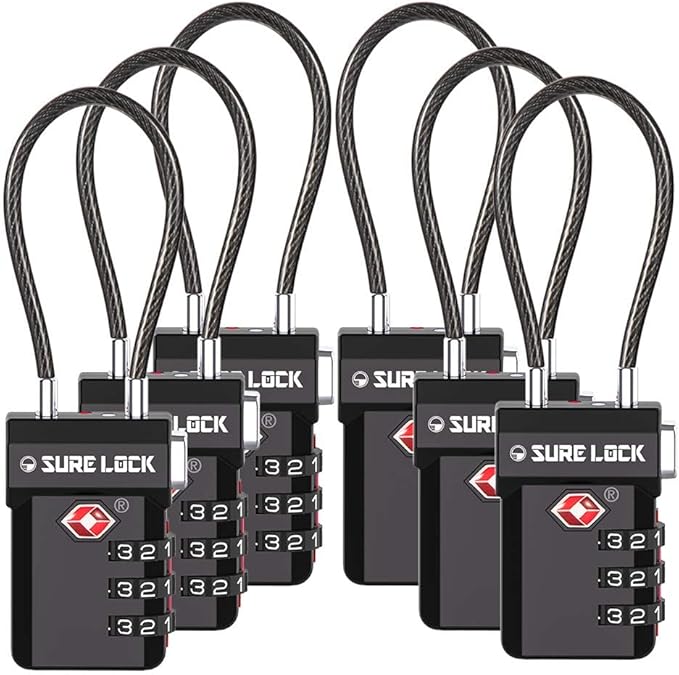 SURE LOCK TSA Approved Luggage Locks with Open Alert Indicator, 3 Digit Combination Cable Travel Lock for Suitcase, Backpack, Gym Locker, Toolbox, Carry On & Travel Bag