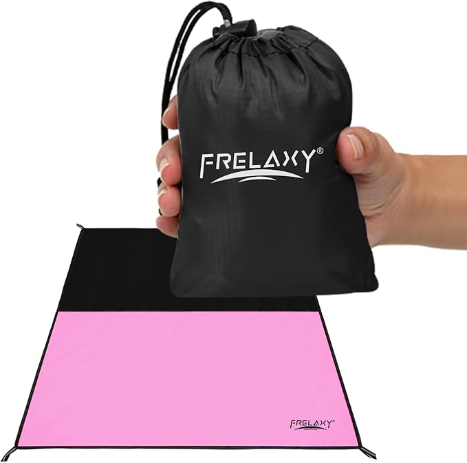 Frelaxy Pocket Picnic Blanket, Waterproof Sandproof Beach Mat, Compact Camping Tarp for Festivals, Hiking, Travel, Outdoor Recreation (Pink & Black, 57'' x 71'')