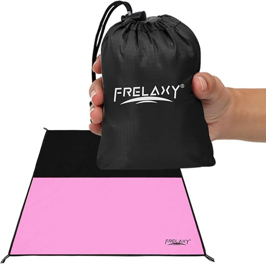 Frelaxy Pocket Picnic Blanket, Waterproof Sandproof Beach Mat, Compact Camping Tarp for Festivals, Hiking, Travel, Outdoor Recreation (Pink & Black, 57'' x 71'')