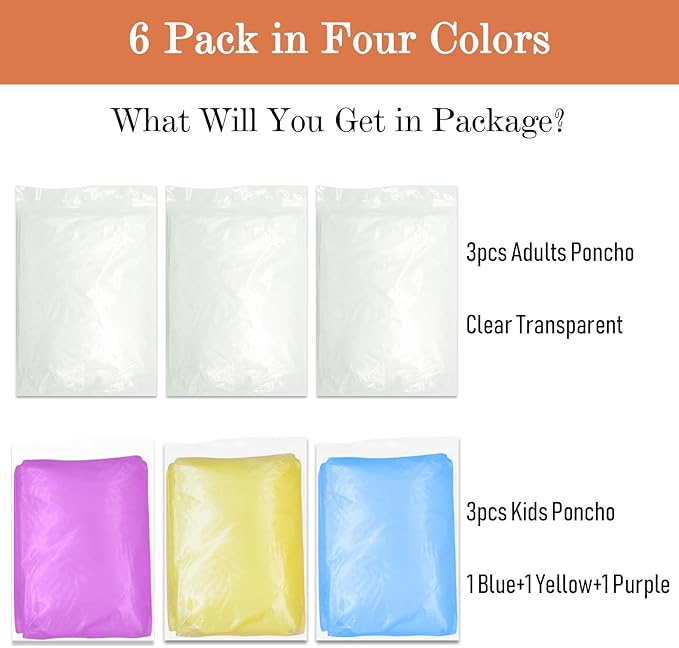 Ponchos Family Pack, Rain Poncho for Adults and Kids Disposable Emergency Rain Ponchos