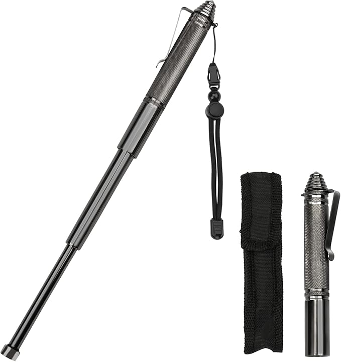 Retractable Trekking Pole for Hiking, 12.2" Compact Folding Walking Stick - Lightweight High-Hardness Alloy Steel, Adjustable Wrist Strap & Carry Holster for Backpacking and Outdoor Survival