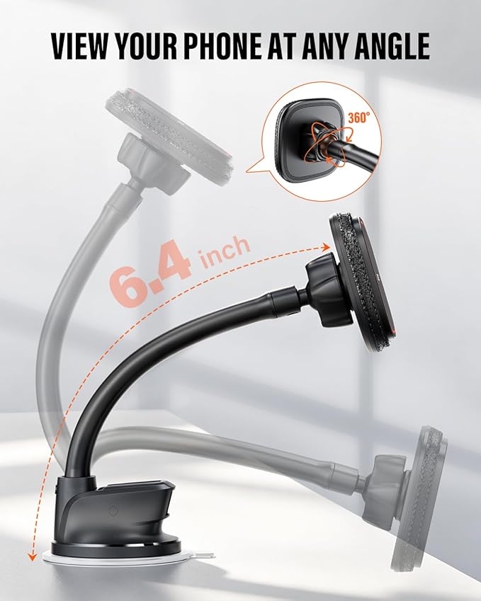 APPS2Car Upgraded for MagSafe Car Mount, Magnetic Car Phone Holder with 6.4'' Flexibile Gooseneck Arm, Suction Cup Holder for Windshield Window Dashboard, Fit for iPhones Smartphones