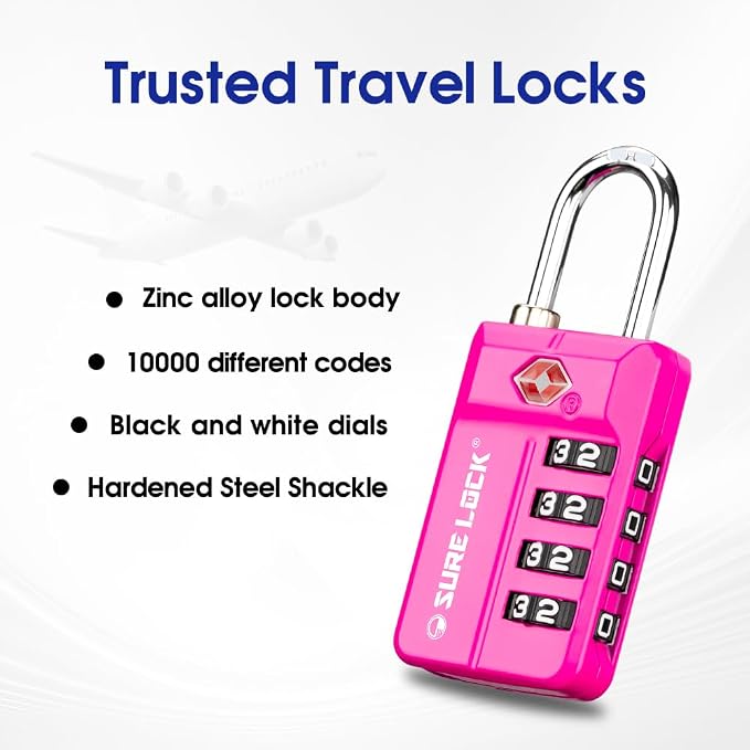 SURE LOCK TSA Approved 4-Digit Resettable Combination Luggage Locks with Open Alert, Easy-Read Dials - for Luggage, School Lockers, Gym, Office, Toolbox & Security Cases (Pink 2 Pack)