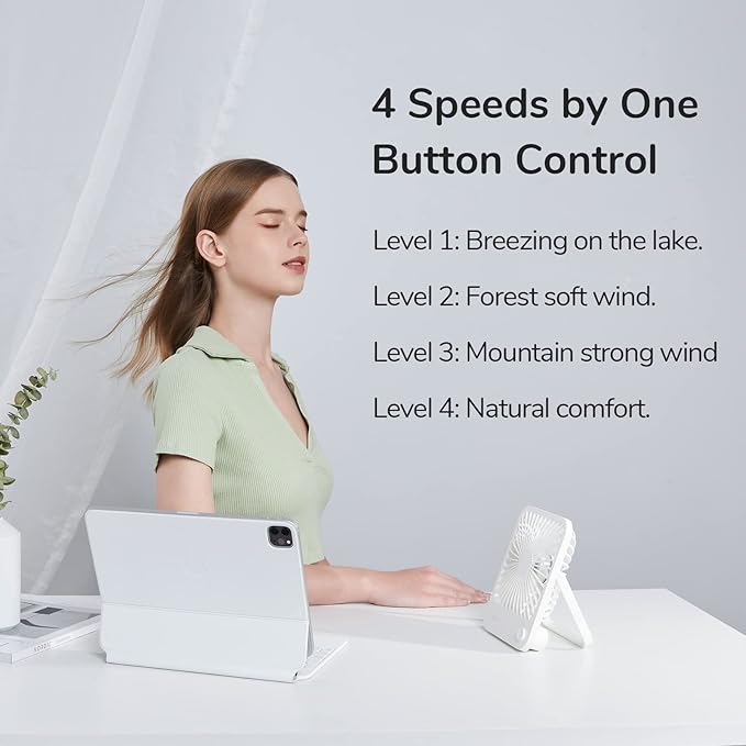 JISULIFE Desk Fan Battery Rechargeable, 4500mAh 180°Foldable Portable Personal Fan, 4 Speeds Adjustable Long Battery-life for Home Office Travel Outdoor Gifts for Women Men-White (Pack of 2)