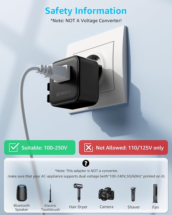 “Air” Universal Travel Adapter, Slim International Travel Plug Adapter with 2500W Max AC Socket, All in One Portable Adaptor, for USA, UK, EU, AU ＆ 224+ Countries (Black) US