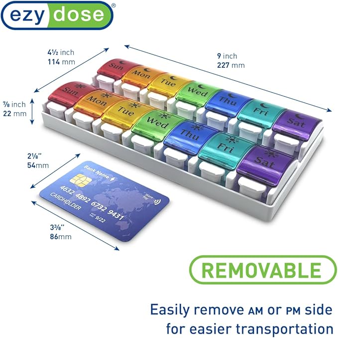 EZY DOSE Weekly (7-Day) Pill Case, Medicine Planner, Vitamin Organizer, 2 Times a Day AM/PM, Removeabale Trays, Large Push Button Compartments, Easy to Use, Arthritis Friendly, Rainbow Lids, BPA Free