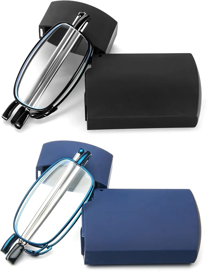 2 Pack Folding Reading Glasses Stainless Steel Mini Anti-Blue Light Blocking Reader for Men Women