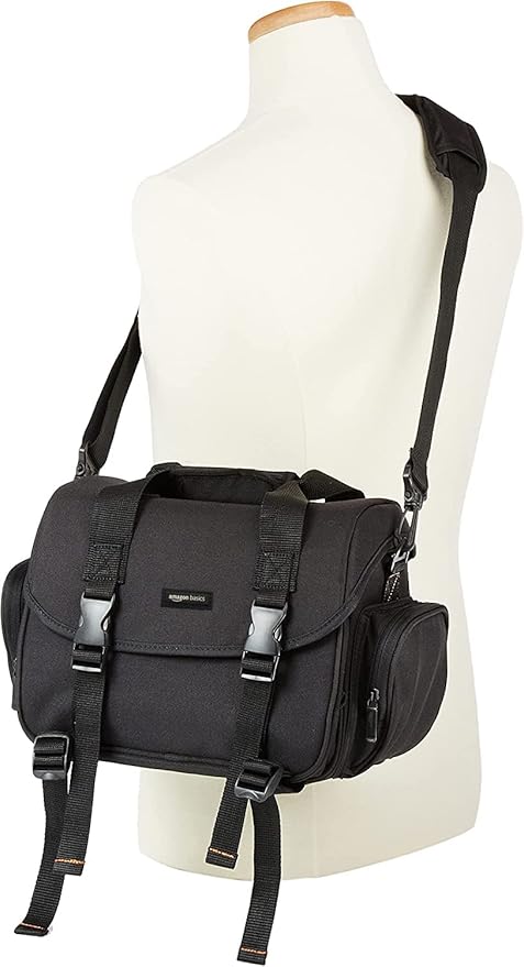 Amazon Basics Large DSLR Gadget Bag with Multiple Compartments, Pockets, Shoulder Strap, Black with Orange Interior