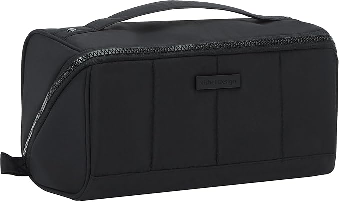 NISHEL Travel Makeup Bag for Women, Fluffy & Lightweight Open Flat Cosmetic Organizer with Multiple Functional Divider for Brush Independent Storage, Handle for Easy Portability, Large, Black