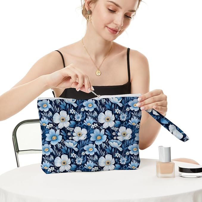 Fokongna Floral Print Wet Bag, Small Portable Waterproof Multi-Functional Organizer for Women, Ideal for Daily, Beach & Travel, Nautical Blue Daisy