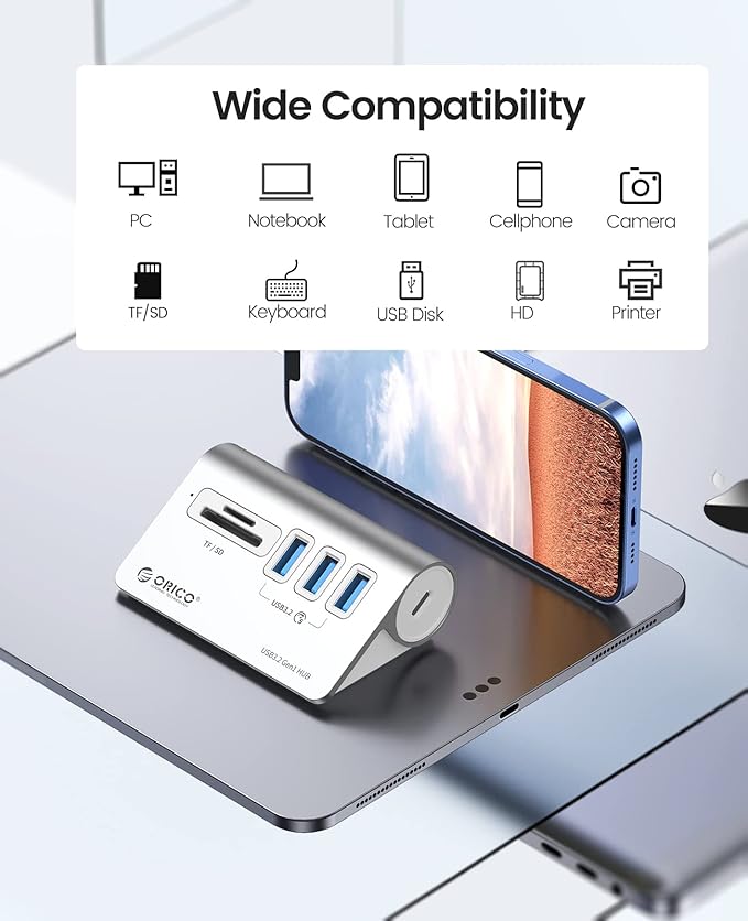 ORICO 5-Port USB 3.2 Gen1 Hub, Desktop USB 3.0Hub with 3 USB-A, SD/TF Card Reader, 5V 2A Power Supply Port, 5Gbps Aluminium USB-Splitter with 1.64Ft USB-C to USB-A/C Cable for iMac, MacBooks, Mac mini