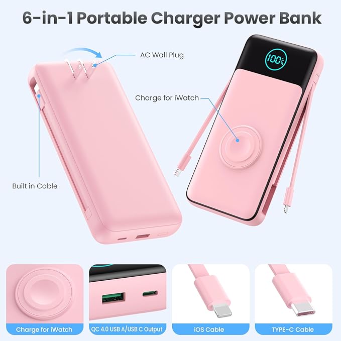 Portable Charger for iPhone with Built-in Cables and AC Wall Plug,26800mah Fast Charging USB C Power Bank,25W PD Travel Essential Battery Pack for iPhone 17/16/15/14/13,Galaxy,Apple Watch (Pink)