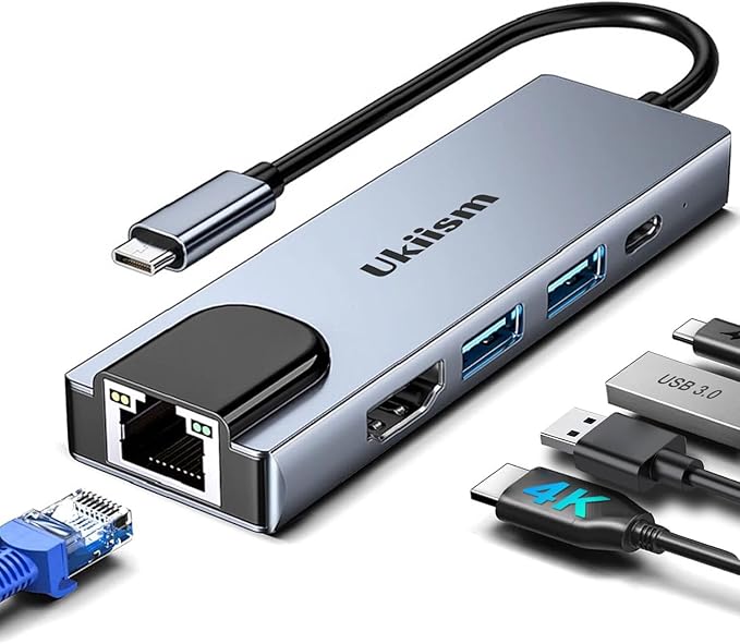 USB C Hub 5 in 1 Multiport Adapter, USB C Hub with 4K HDMI, Ethernet RJ45, 100W PD Charging, USB 3.0 Ports, Type C Docking Station for MacBook Pro Air, iPad, Laptop