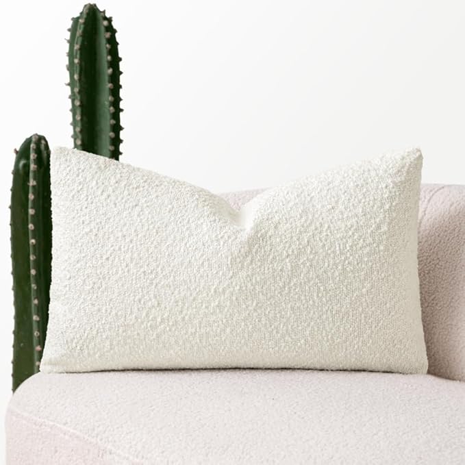 MIULEE Textured Boucle Throw Pillow Cover White Accent Solid Lumbar Pillow Case Decorative Soft Pack of 1 Couch Cushion Chair Sofa Bedroom Livingroom Home Decor,22x14 Inch