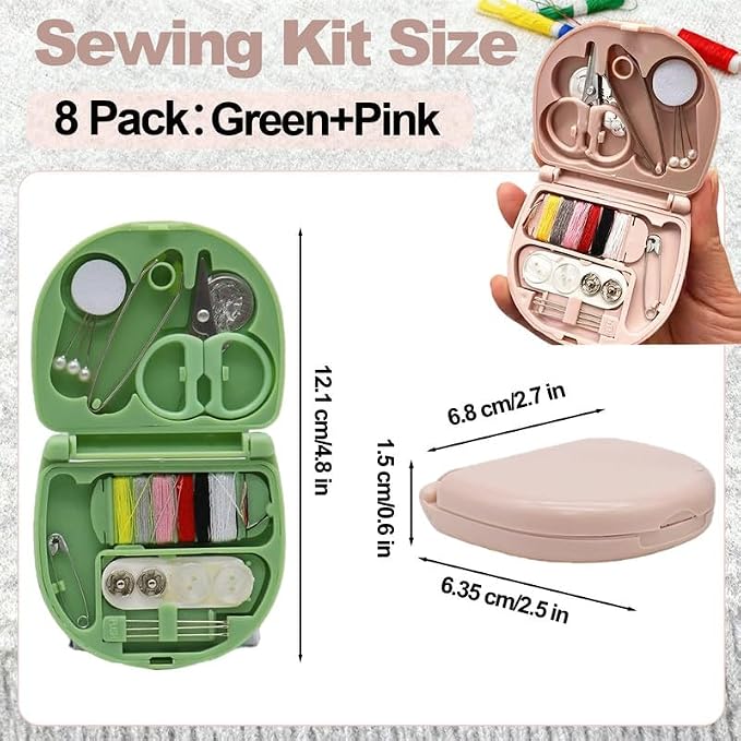 REROON 8 Pack Mini Travel Sewing Kit for Adult & Kid | Portable Sewing Box Kit Bulk | Small Emergency Repair Set with Thread Scissors Needle for Travel, Beginner DIY Handcraft | Pink + Green