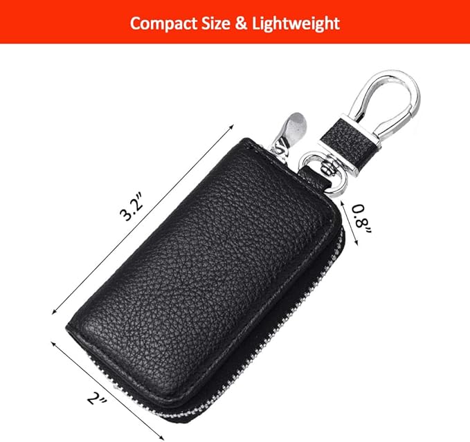 Leather Car Key Case with Zipper, Compact Smart Key Fob Holder with Keychain, Portable Car Key Organizer Pouch