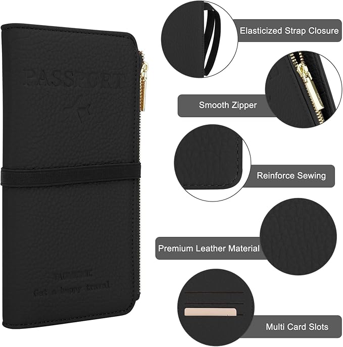 DOB SECHS White Leather Passport Holder, RFID Blocking Passport Wallet Credit Cards Case for Women, Travel Accessories Organizer Pouch Bag with ID Window+Zippered Cash Pocket+SIM Slots